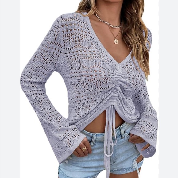 LYANER Women's Drawstring Long Bell Sleeve Sexy Crochet Knit Beach Hollow Out Sm - Picture 4 of 8